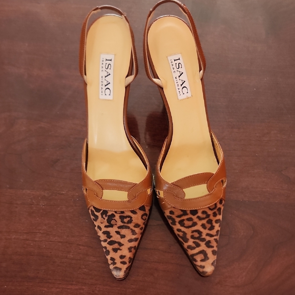 Isaac Mizrahi faux animal/ leather sling back pointed toe heels (3.5 inch heels)